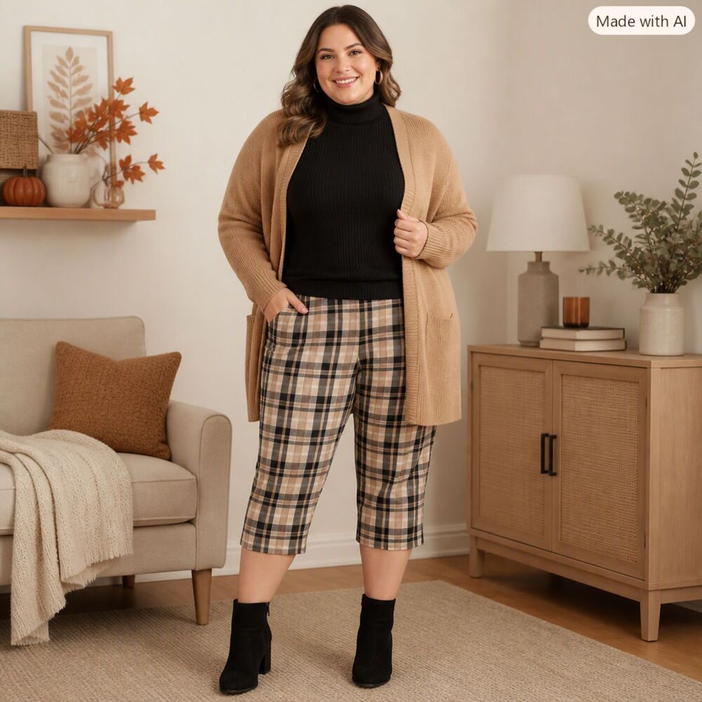 White Stag Beige & Black Plaid Capri Pants – Size 18 – Fall Casual Style
